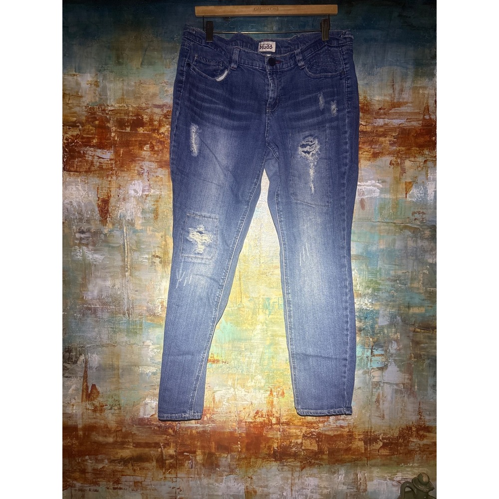 Mudd Skinny Jeans Womens 15 Medium Wash Distressed Ripped Patchwork Denim Blue